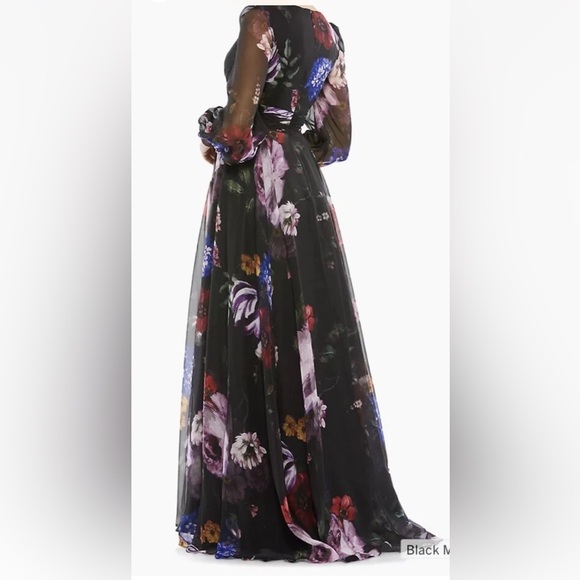 Mac Duggal Sz 2 Black Floral Print Chiffon Long Sleeve Maxi Dress - Picture 2 of 11